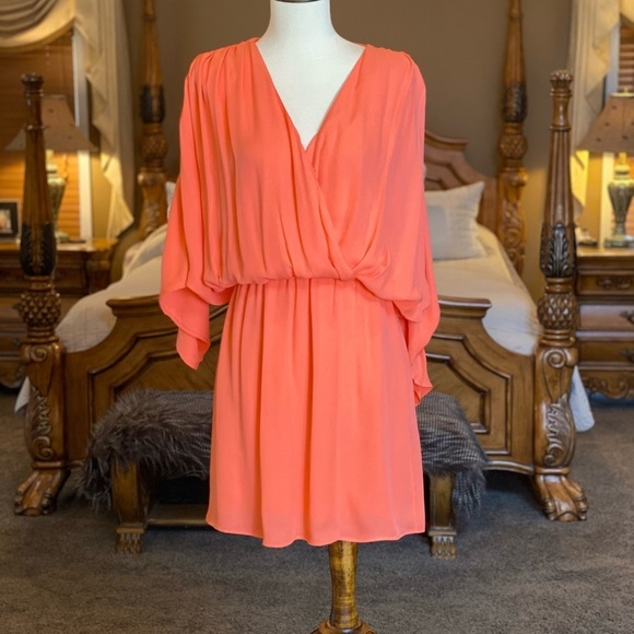 PARKER Coral Silk Gathered Plunge Dress Size - Picture 6 of 13